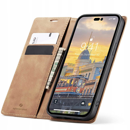 Etui z klapką Spacecase Wallet do iPhone 14 Pro jasno brązowe