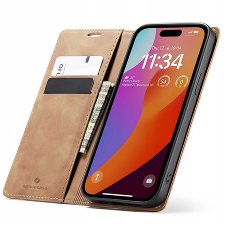 Etui z klapką Spacecase Wallet do iPhone 15 Pro jasno brązowe