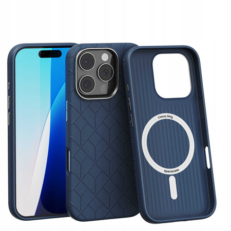Etui skórzane Spacecase Classy Mag do iPhone 16 Pro granatowe